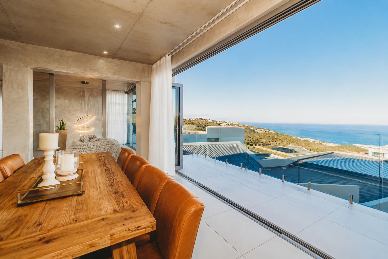Open-plan dining opening to coastal balcony