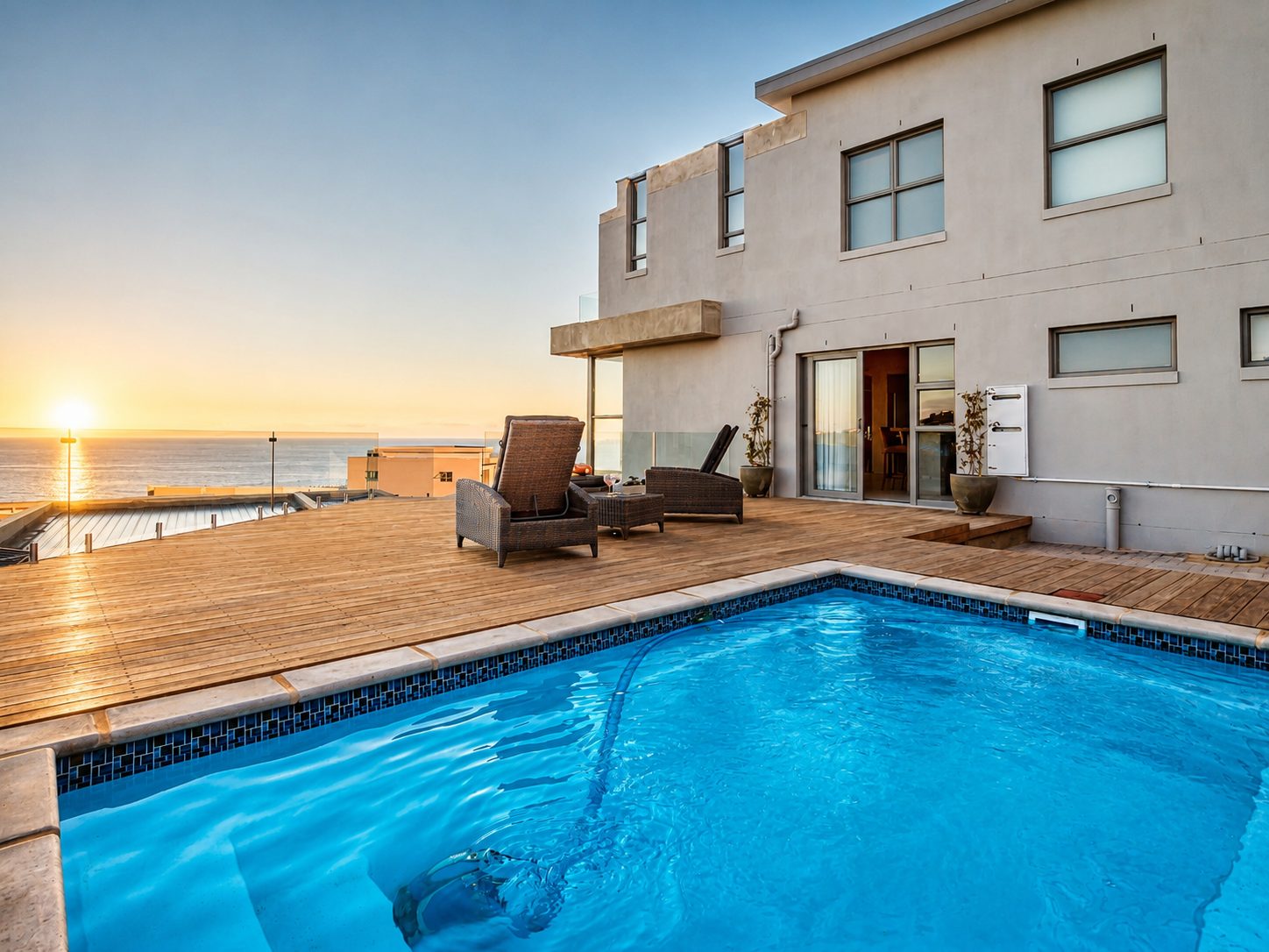 Private pool and ocean sunset deck at Dolfyn Villas, Herolds Bay
